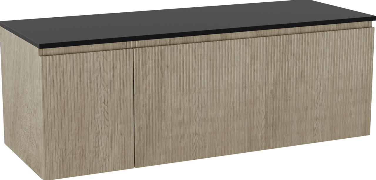 Storke Ribs zwevend badmeubel 140 x 52 cm ruw eiken met Panton enkel of dubbel wastafelblad in gepoedercoate mdf mat zwart, Verticale symmetrische rechte ribbel