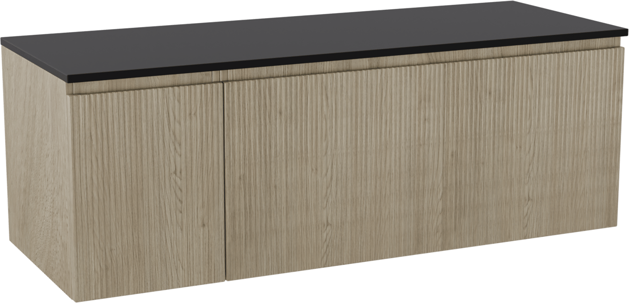 Storke Ribs meuble salle de bains suspendu 140 x 52 cm chêne brut avec Panton tablette simple ou double en mdf enduit de poudre noir mat, Nervure droite symétrique verticale