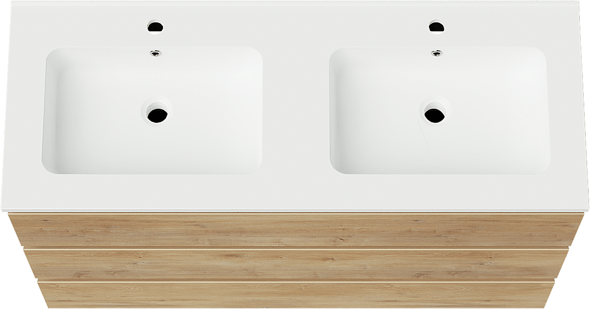 Linie Lado freistehendes Möbelstück Set: 120 x 46 cm, Naturbelassene Eiche, mit Vano Doppelwaschtisch, Marmorkomposit Weiß matt