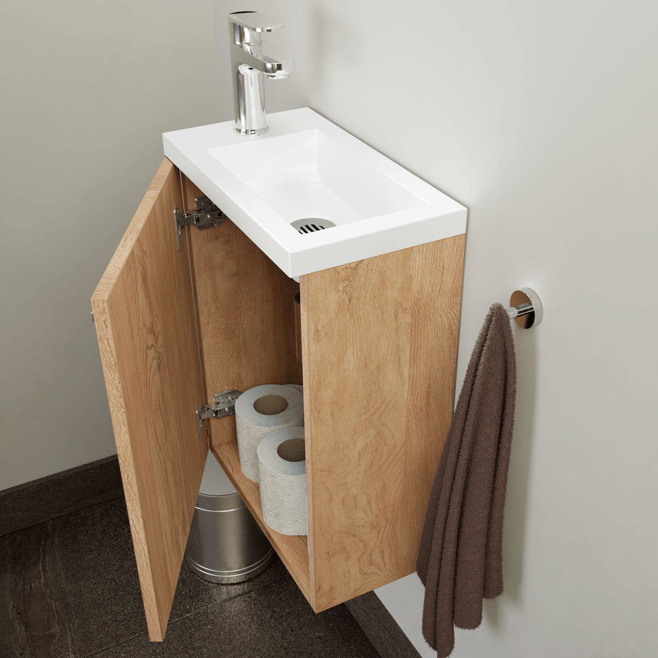SanyOne Roxy zwevend toiletmeubel 40 x 22 cm natuur eik met Roxy wastafel in glanzend composiet marmer