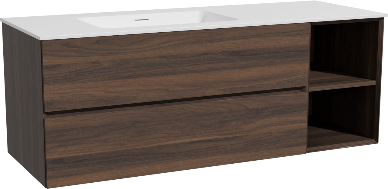 Storke Edge hängendes Möbelstück Set: 140 x 52 cm, Nussbaum, mit Mata Waschtisch links, Solid Surface Weiß matt