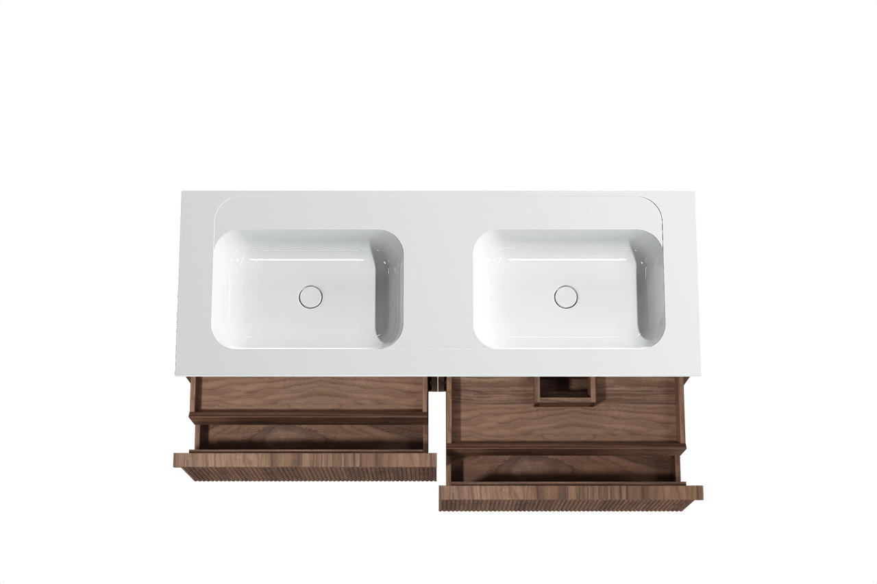 Balmani Forma zwevend badkamermeubel 150 x 55 cm amerikaanse notelaar met Tablo Strada dubbele wastafel in composietmarmer glanzend wit, Verticale symmetrische rechte ribbel