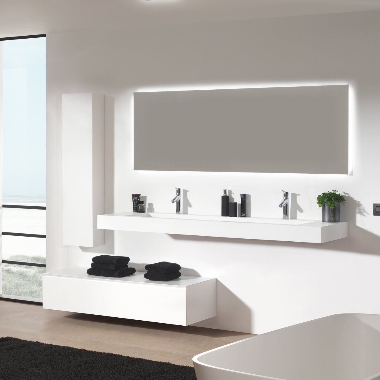 Balmani Modus Einzelwaschtisch für 2 Armaturenlöcher, Solid Surface matt, 180 x 55 cm