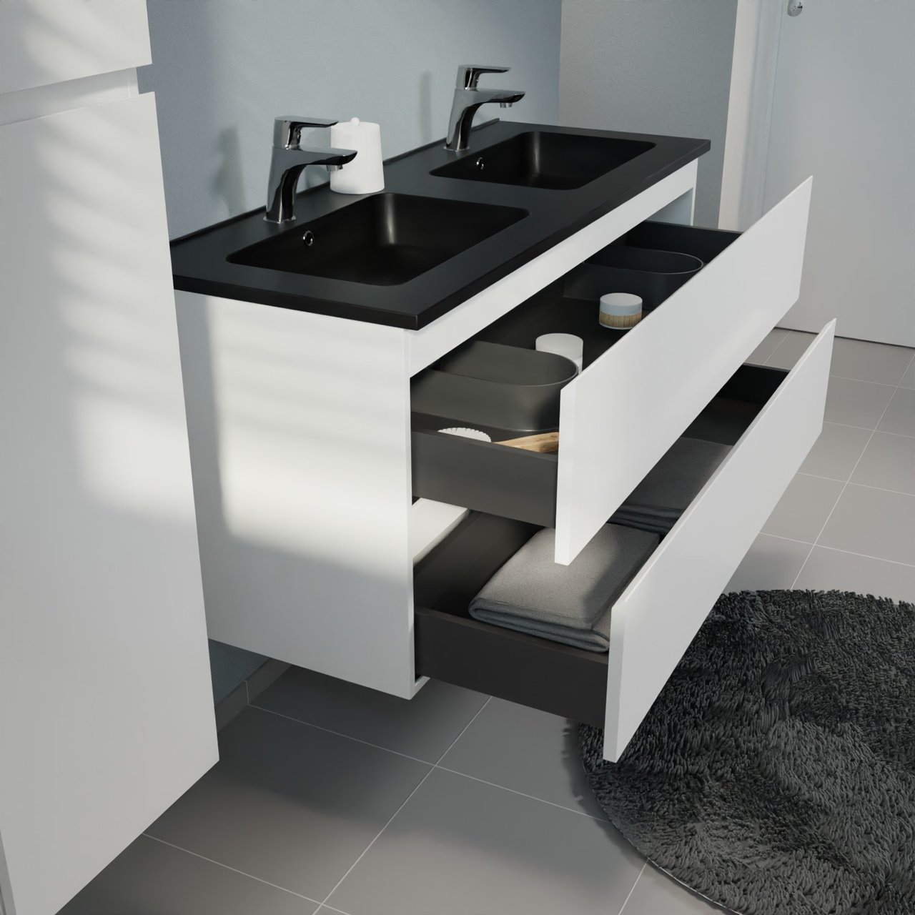 Linie Lado meuble salle de bains suspendu 120 x 46 cm blanc mat avec Vano double vasque en marbre composite noir mat