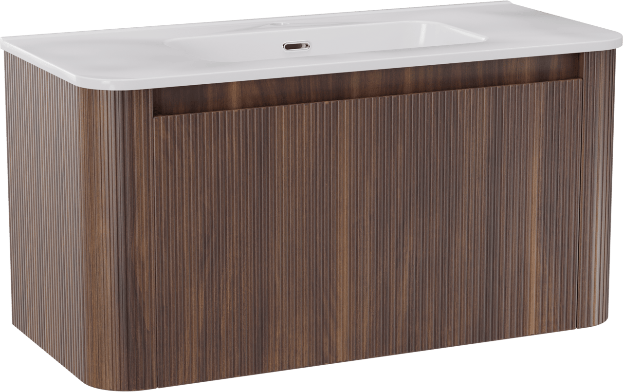 Storke Soft zwevend badkamermeubel 100 x 46 cm notelaar met Kera Soft enkele wastafel in porselein glanzend wit, Verticale symmetrische rechte ribbel