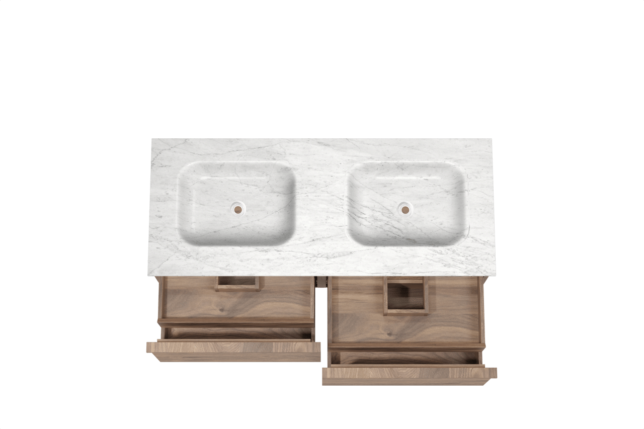 Balmani Forma zwevend badkamermeubel 135 x 55 cm amerikaanse notelaar met Tablo Arcato dubbele wastafel in marmer carrara, Horizontale symmetrische rechte ribbel