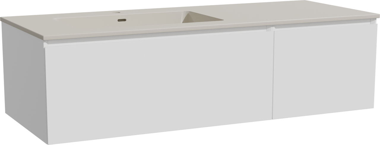 Storke Edge zwevend badkamermeubel 130 x 52 cm mat wit met Diva asymmetrisch linkse wastafel in top solid zijdegrijs