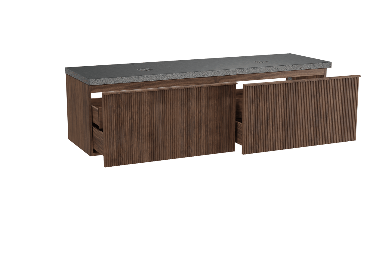 Balmani Forma meuble salle de bains suspendu 180 x 55 cm noyer américain avec Rock tablette double en granit noir, Nervure gauche symétrique verticale