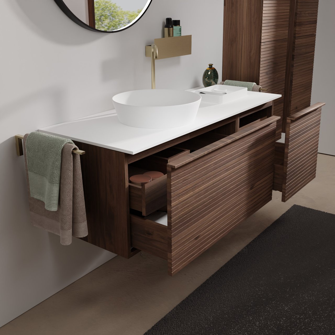 Balmani Forma zwevend badkamermeubel 135 x 55 cm amerikaanse notelaar met Stretto enkel of dubbel tablet in solid surface mat wit, Horizontale symmetrische rechte ribbel