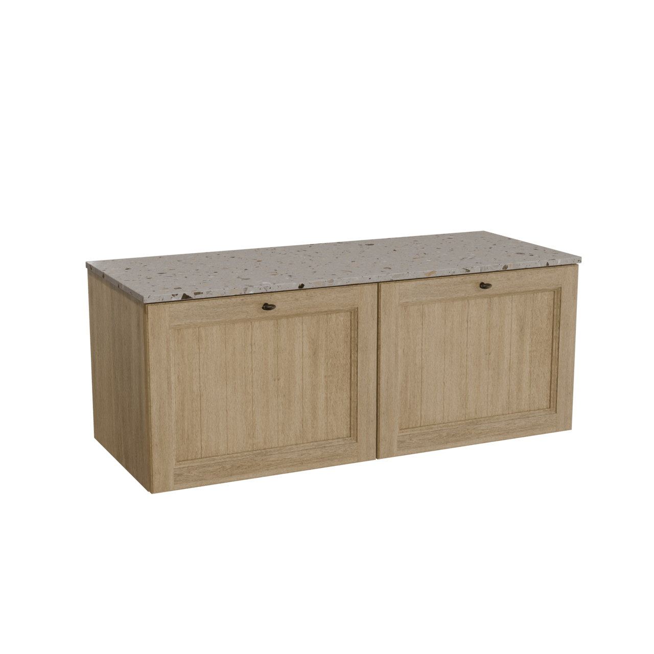 Balmani Lemon hängendes Möbelstück Set: 135 x 55 cm, Verwitterte Eiche, mit Stretto Einzel- oder Doppel Waschtischplatte, Terrazzo in Greige