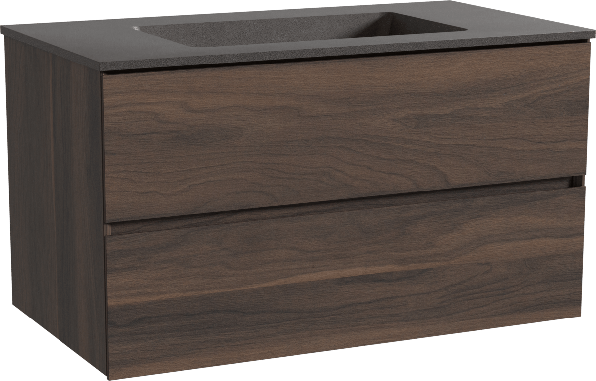 Storke Edge zwevend badmeubel 95 x 52 cm notenhout met Scuro enkele wastafel in kwarts mat zwart