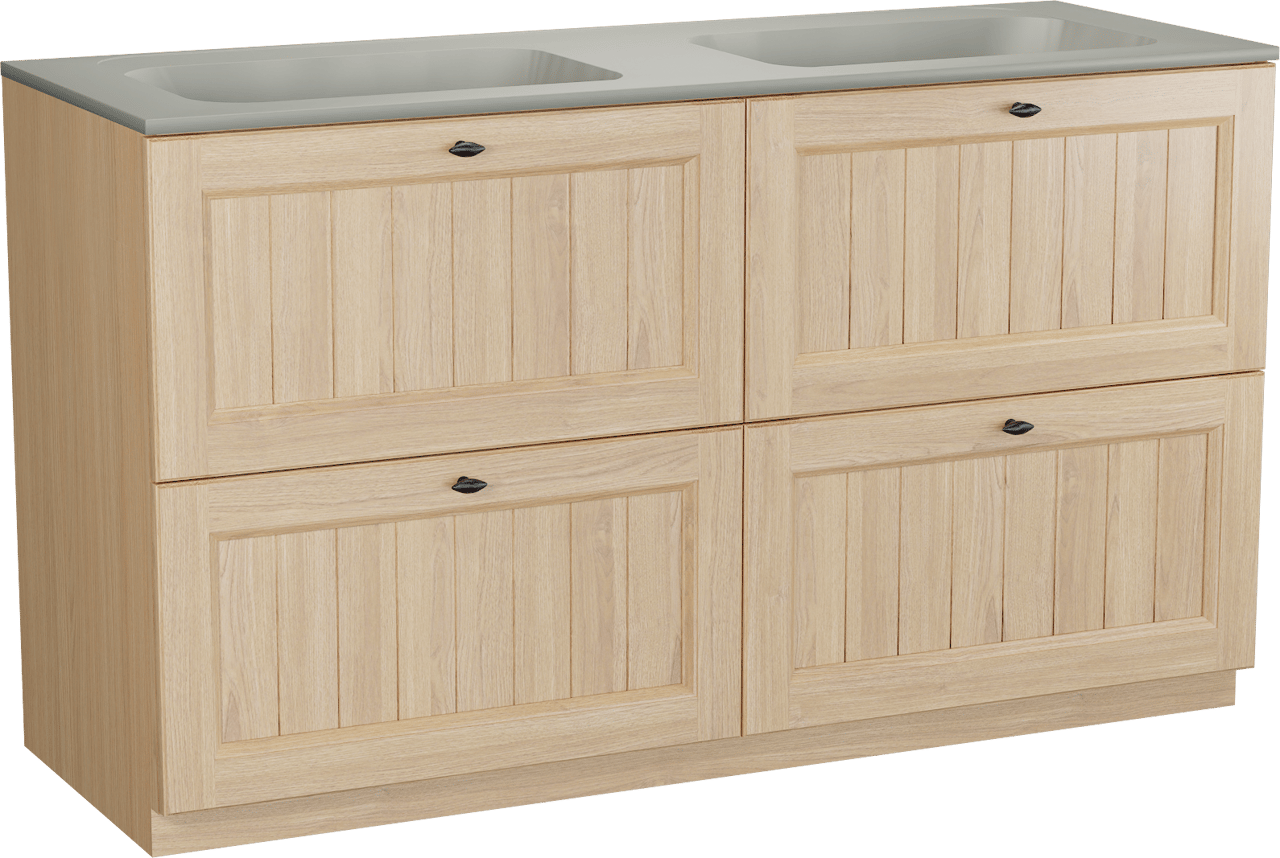 Balmani Lemon staand badkamermeubel 150 x 55 cm, fineer natuur eik met Tablo Strada dubbele wastafel in zijdegrijs