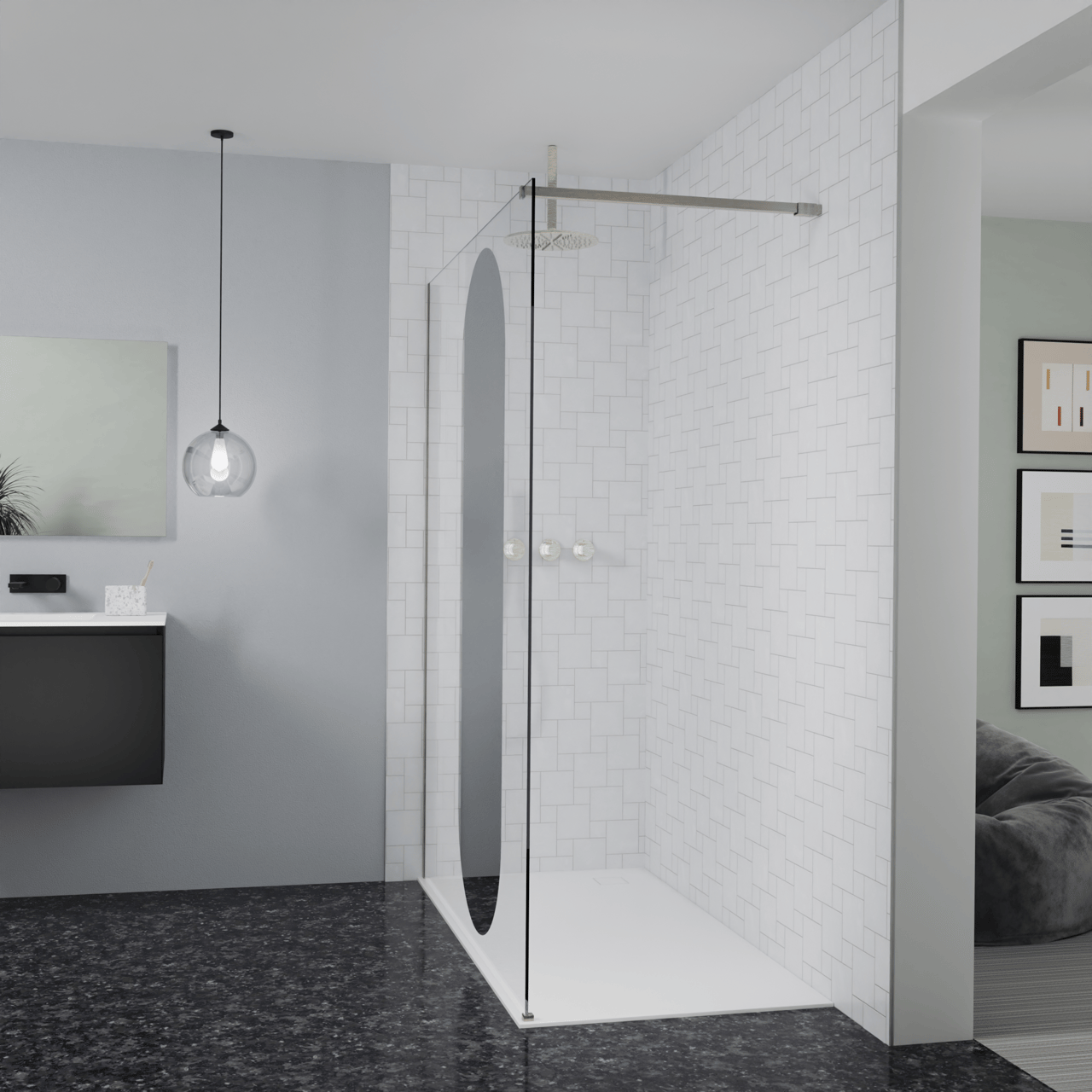Balmani Modular Walk-In Dusche: 160 x 200 cm, Reflex-Spiegelglas Oval, Profil Brushed CoolMetal