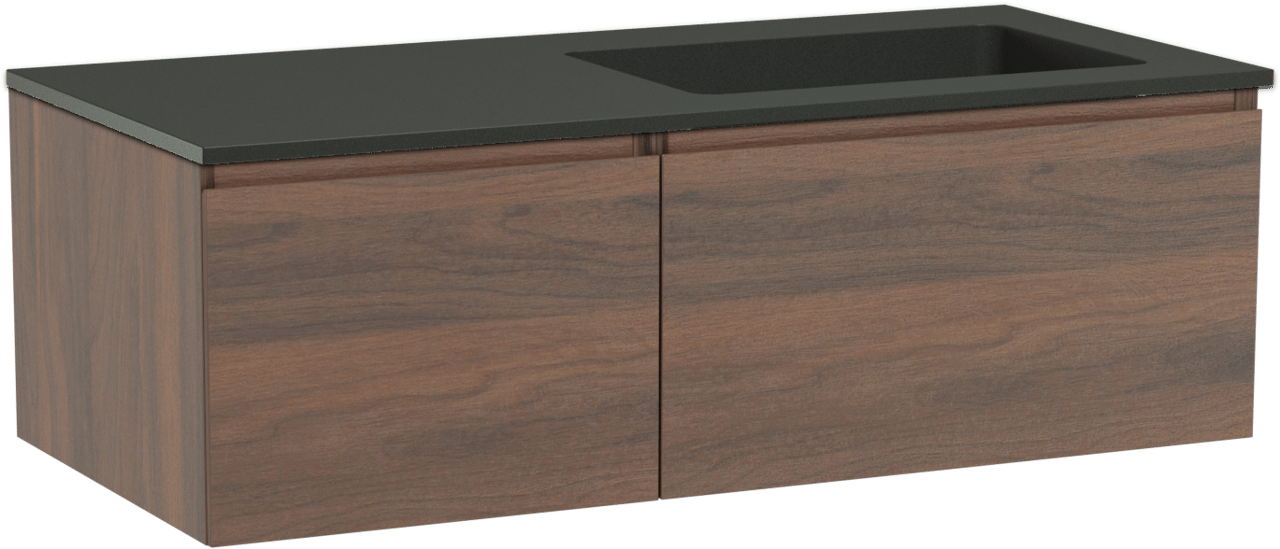 Storke Edge zwevend badmeubel 110 x 52 cm notenhout met Scuro asymmetrisch rechtse wastafel in kwarts mat zwart