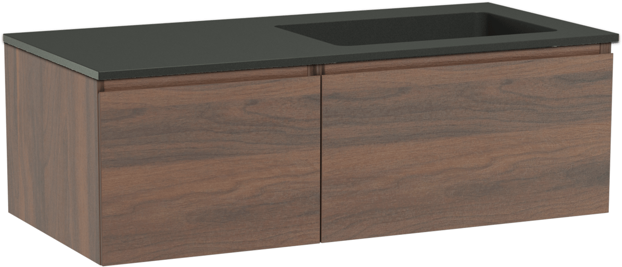 Storke Edge meuble salle de bains suspendu 110 x 52 cm noyer avec Scuro vasque asymétrique droite en quartz noir mat