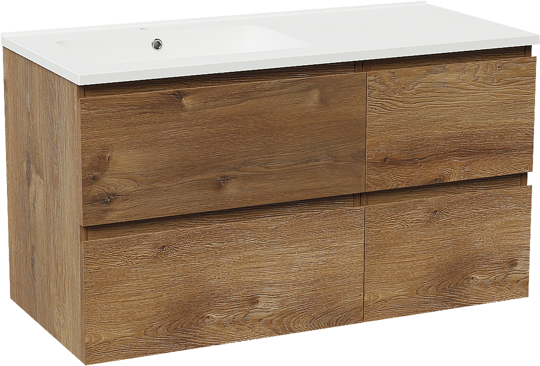 Linie Lado hängendes Möbelstück Set: 100 x 46 cm, Braune Eiche, mit Vano Waschtisch links, Marmorkomposit Weiß matt