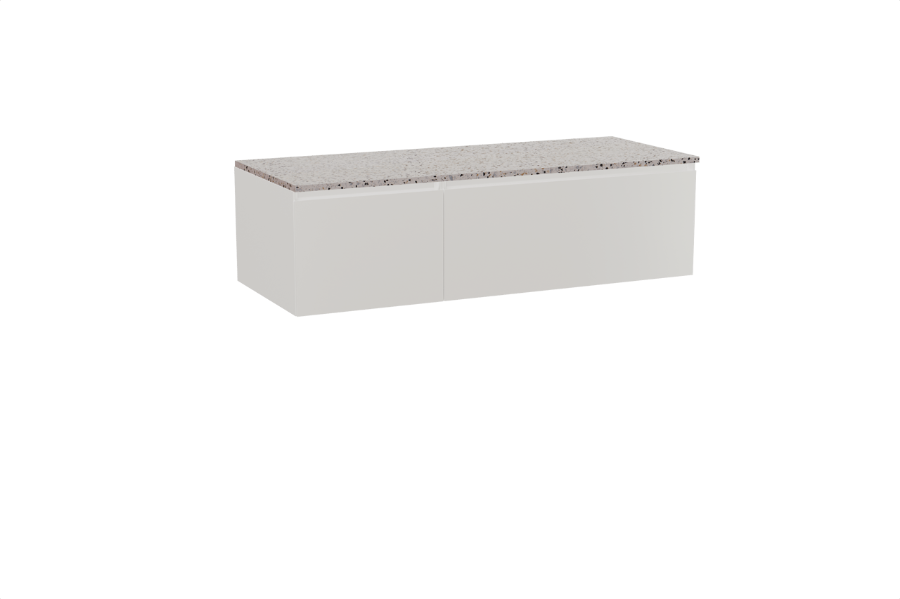 Storke Edge hängendes Möbelstück Set: 130 x 52 cm, Weiß glänzend, mit Tavola Einzel- oder Doppel Waschtischplatte, Terrazzo in Weiß/Schwarz matt