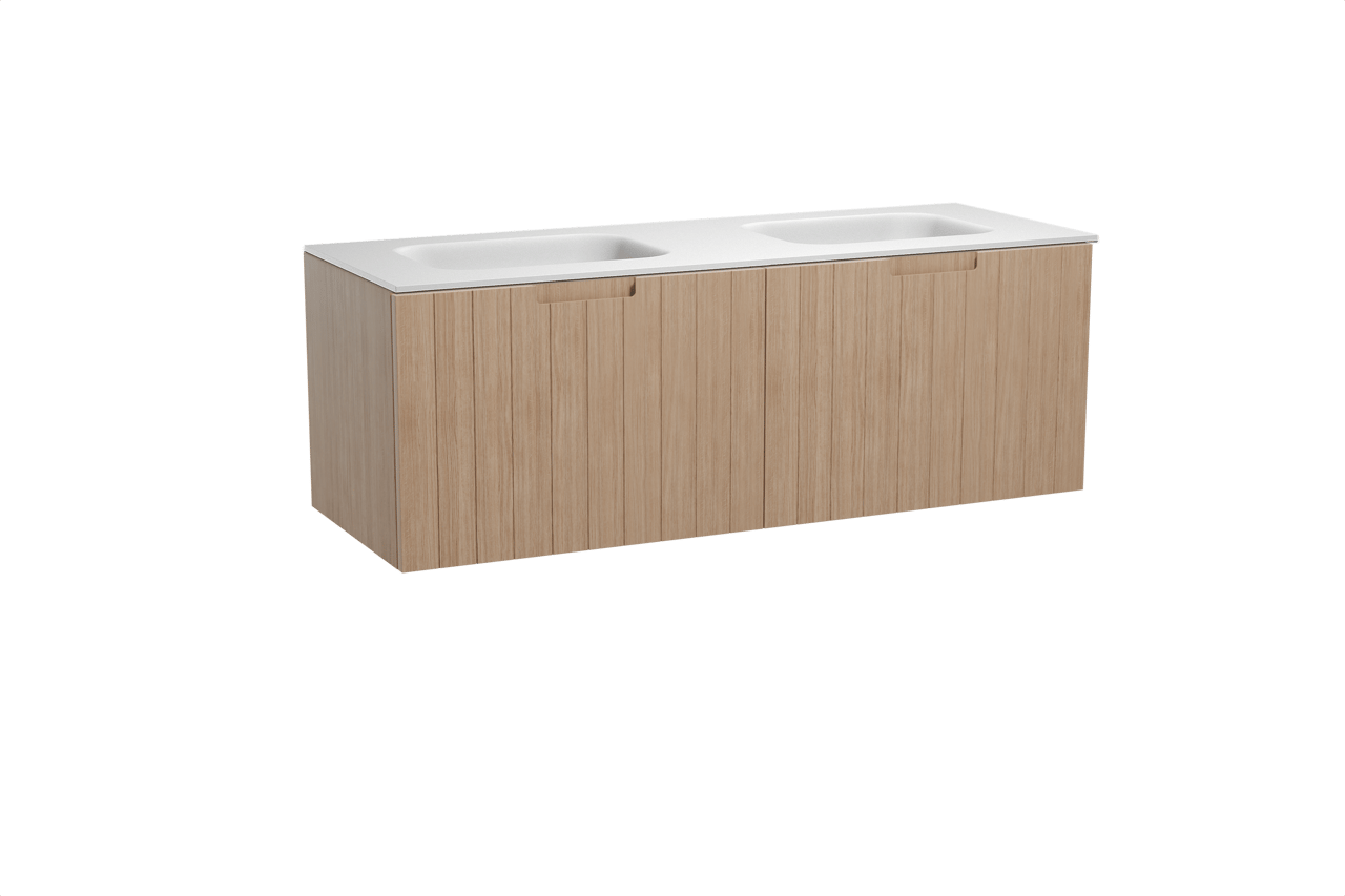 Balmani Adagio zwevend badkamermeubel 150 x 55 cm verweerde eik met Tablo Arcato dubbele wastafel in solid surface mat wit