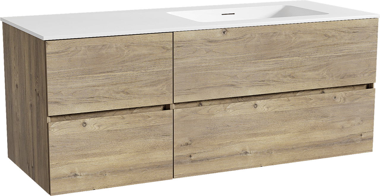 Storke Edge zwevend badkamermeubel 130 x 52 cm ruwe eik met Mata asymmetrisch rechtse wastafel in solid surface mat wit