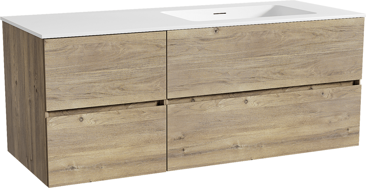 Storke Edge meuble salle de bains suspendu 130 x 52 cm chêne brut avec Mata plan vasque asymétrique à droite en solid surface blanc mat