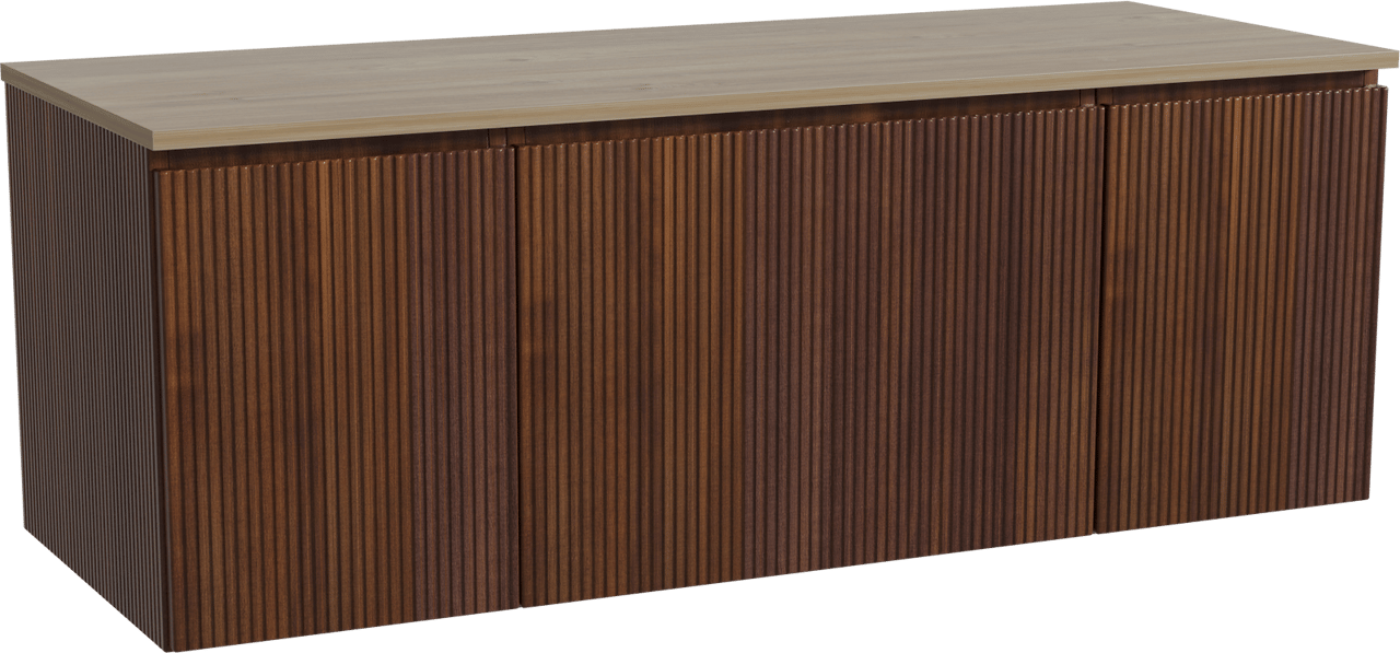 Storke Ribs zwevend badmeubel 135 x 52 cm notenhout met Panton enkel of dubbel wastafelblad in melamine ruw eiken, Verticale symmetrische rechte ribbel