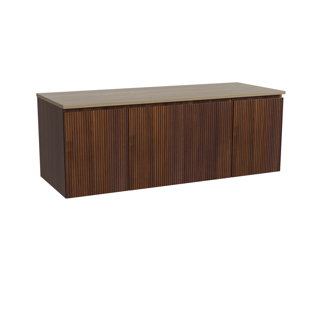 Storke Ribs zwevend badkamermeubel 135 x 52 cm notelaar met Panton enkel of dubbel tablet in melamine ruwe eik, Verticale symmetrische rechte ribbel