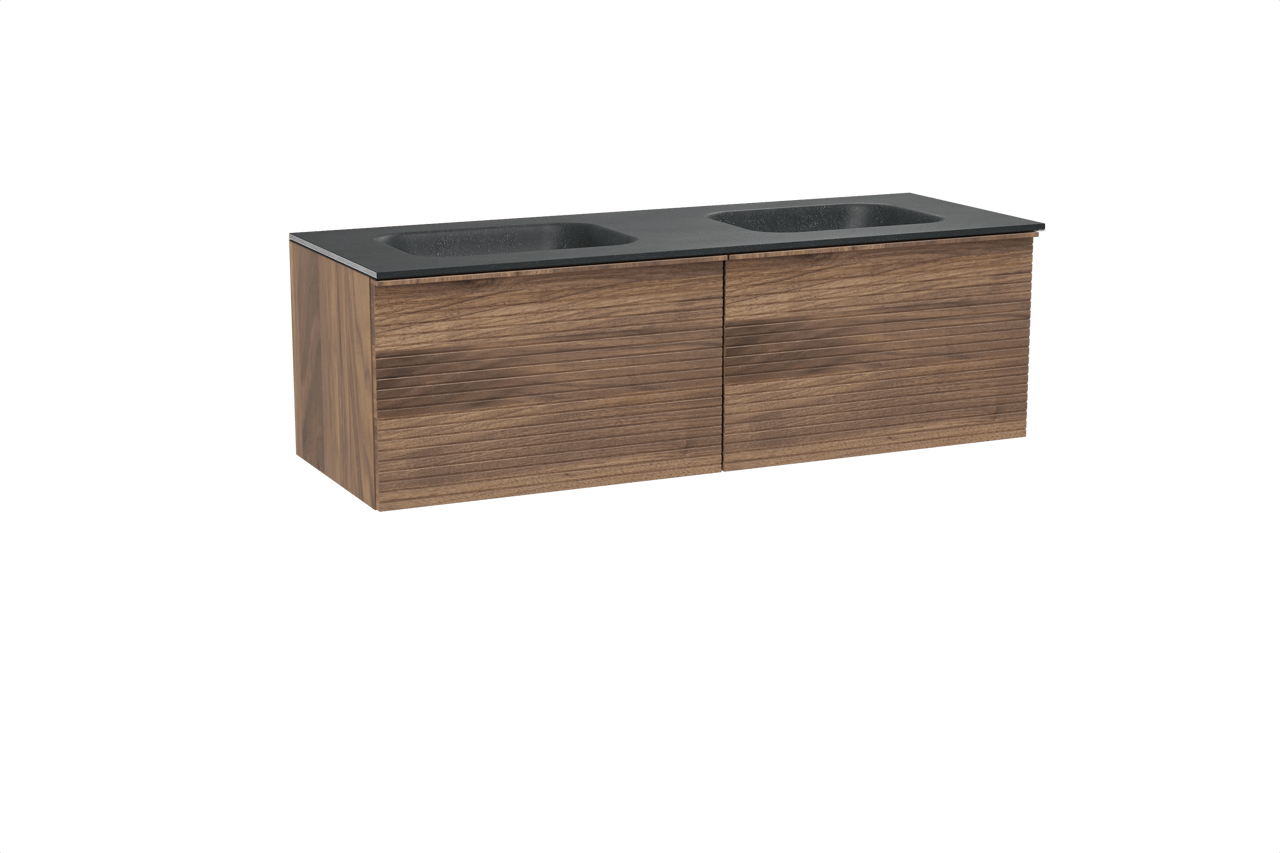 Balmani Forma meuble salle de bains suspendu 150 x 55 cm noyer américain avec Tablo Arcato double vasque en granit noir, Nervure droite symétrique horizontale