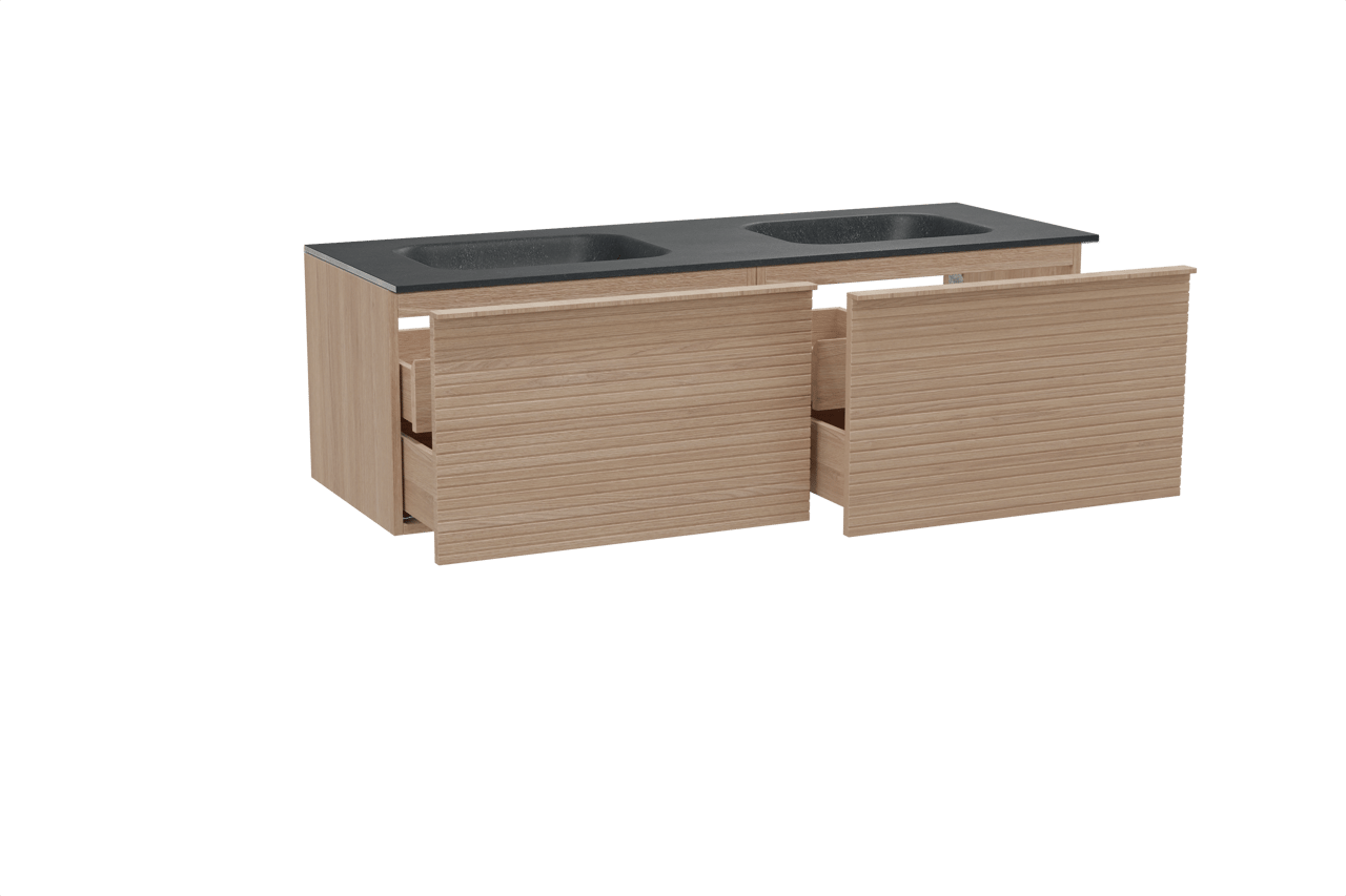 Balmani Forma meuble salle de bains suspendu 150 x 55 cm chêne naturel avec Tablo Arcato double vasque en granit noir, Nervure droite symétrique horizontale