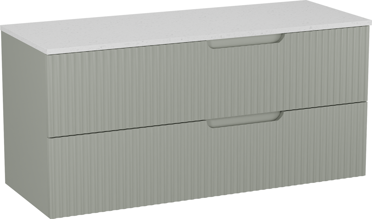 Linie Ribbo meuble salle de bains suspendu 120 x 46 cm greige avec Lado tablette simple ou double en mélaminé terrazzo blanc, Nervure circulaire symétrique verticale