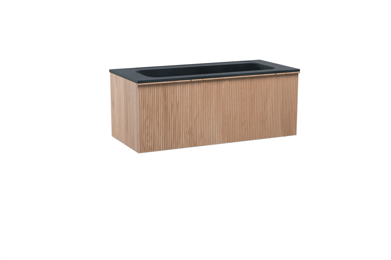 Balmani Forma meuble salle de bains suspendu 120 x 55 cm chêne naturel avec Tablo Strada lavabo simple pour 2 trous de robinet en marbre composite noir mat, Nervure droite symétrique verticale
