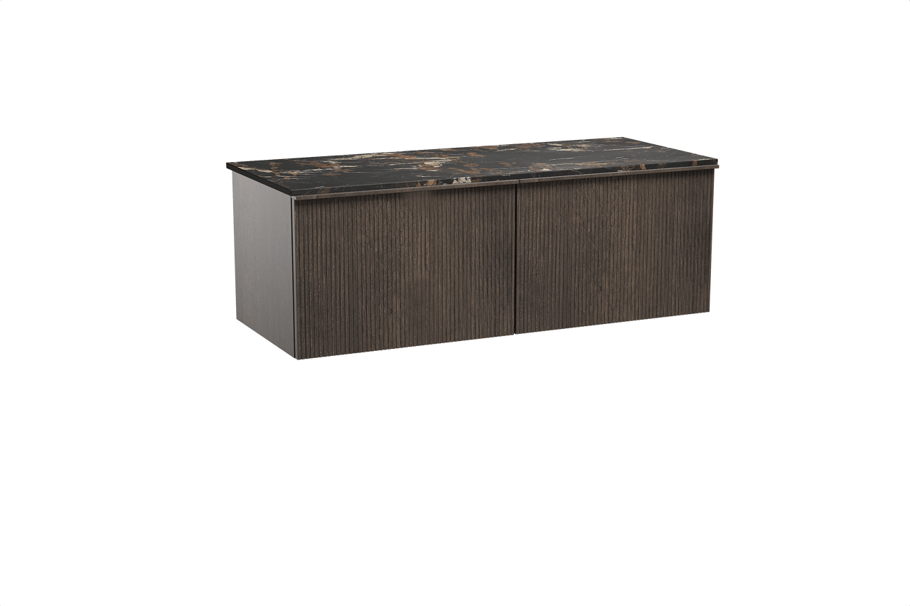 Balmani Forma meuble salle de bains suspendu 135 x 55 cm chêne fumé avec Stretto tablette simple ou double en marbre portoro gold, Nervure droite symétrique verticale