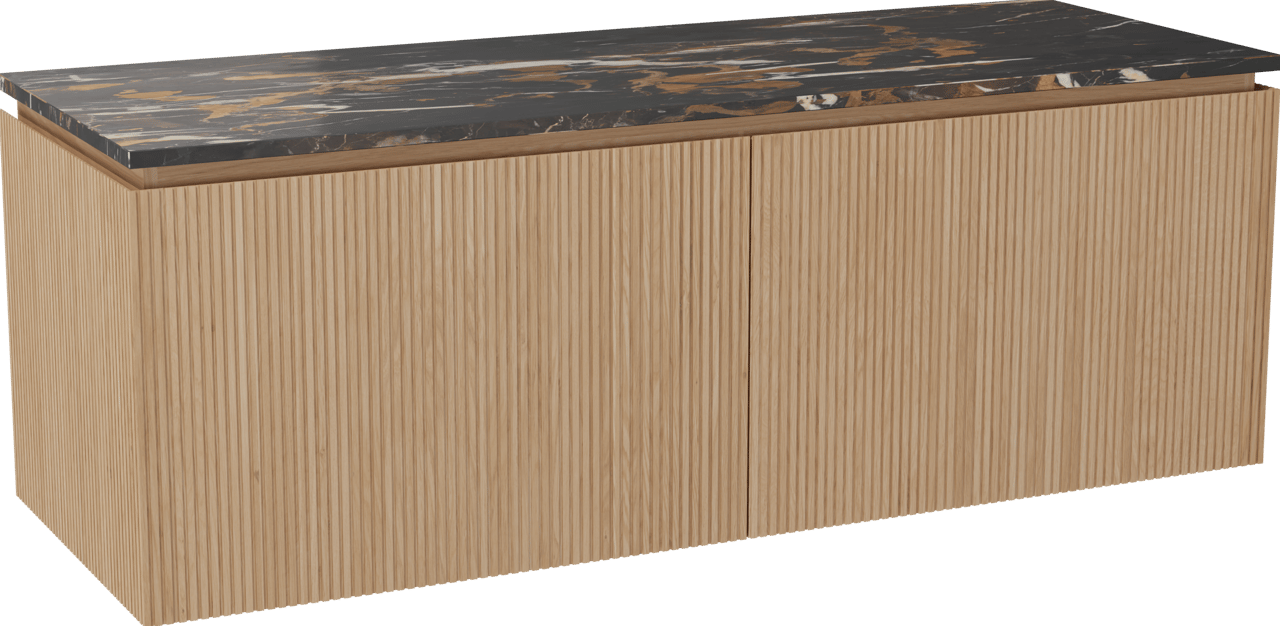 Balmani Eclips zwevend badkamermeubel 150 x 55 cm Natuur eik met Stretto enkel of dubbel tablet in Portoro Gold marmer, Verticale symmetrische rechte ribbel