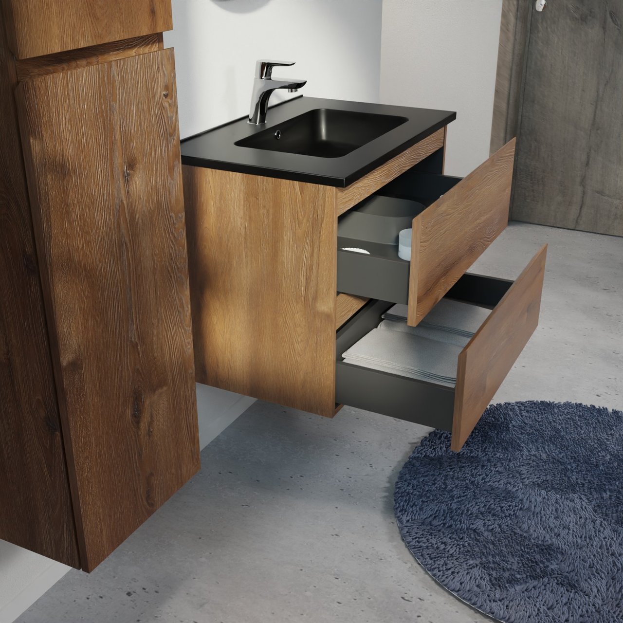 Linie Lado hängendes Möbelstück Set: 70 x 46 cm, Braune Eiche, mit Vano Einzelwaschtisch, Marmorkomposit Schwarz matt
