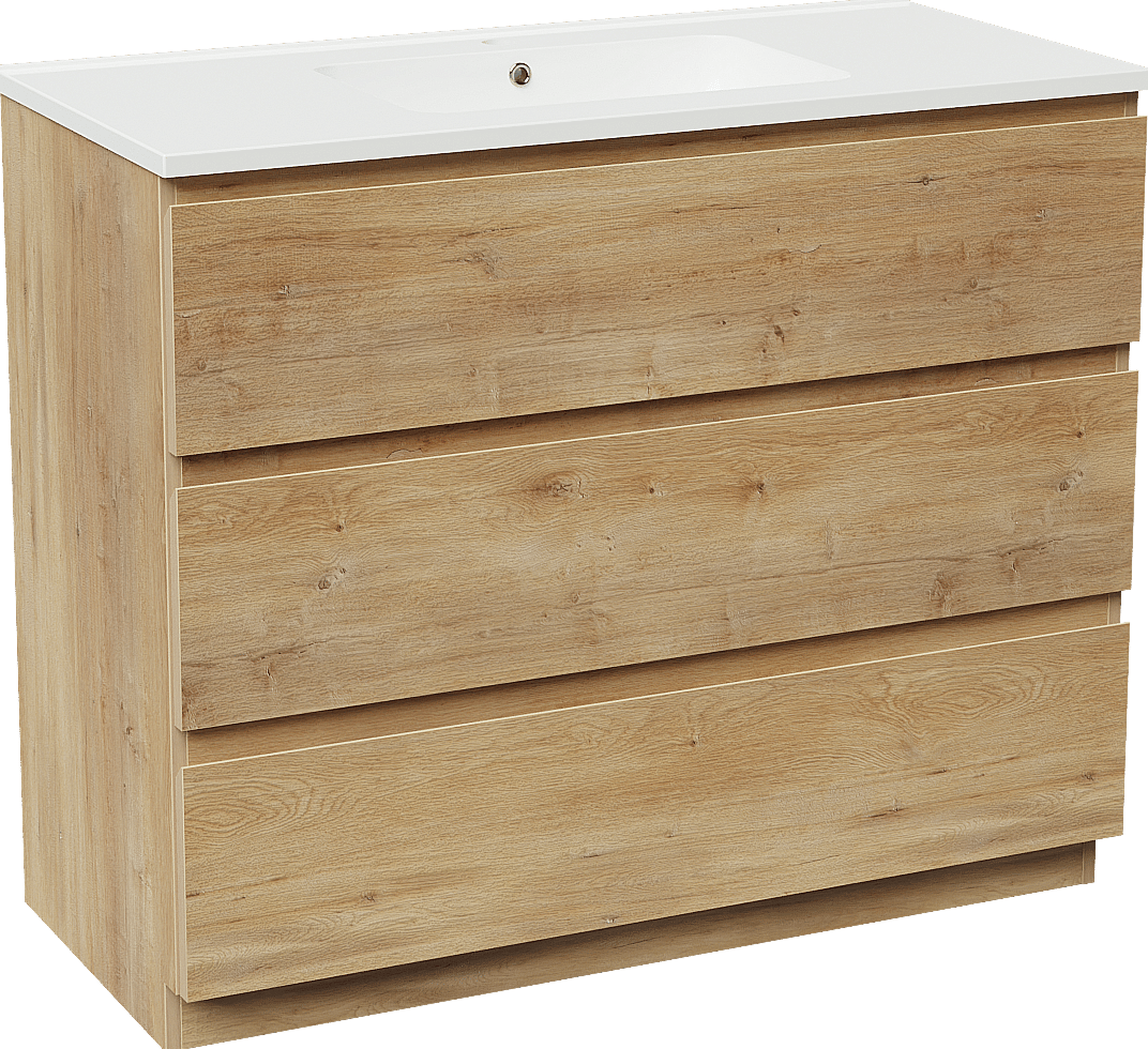 Linie Lado freistehendes Möbelstück Set: 100 x 46 cm, Naturbelassene Eiche, mit Vano Einzelwaschtisch, Marmorkomposit Weiß glänzend