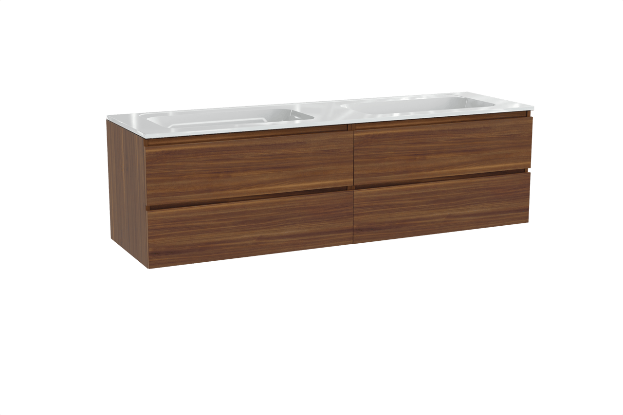 Balmani Lucida hängendes Möbelstück Set: 180 x 55 cm, Amerikanischer Nussbaum, mit Tablo Strada Doppelwaschtisch, Marmorkomposit Weiß glänzend