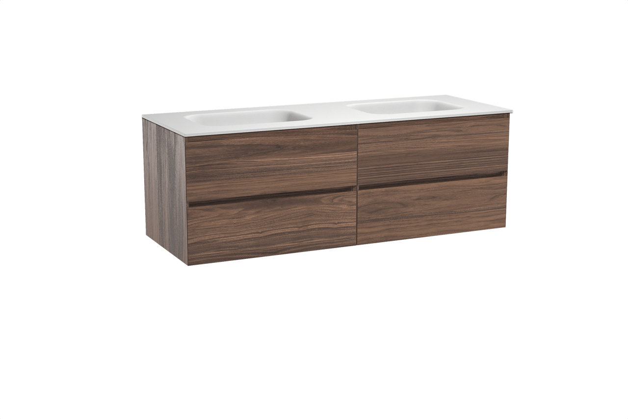 Balmani Mitra meuble salle de bains suspendu 150 x 55 cm noyer avec Tablo Arcato double vasque en solid surface blanc mat