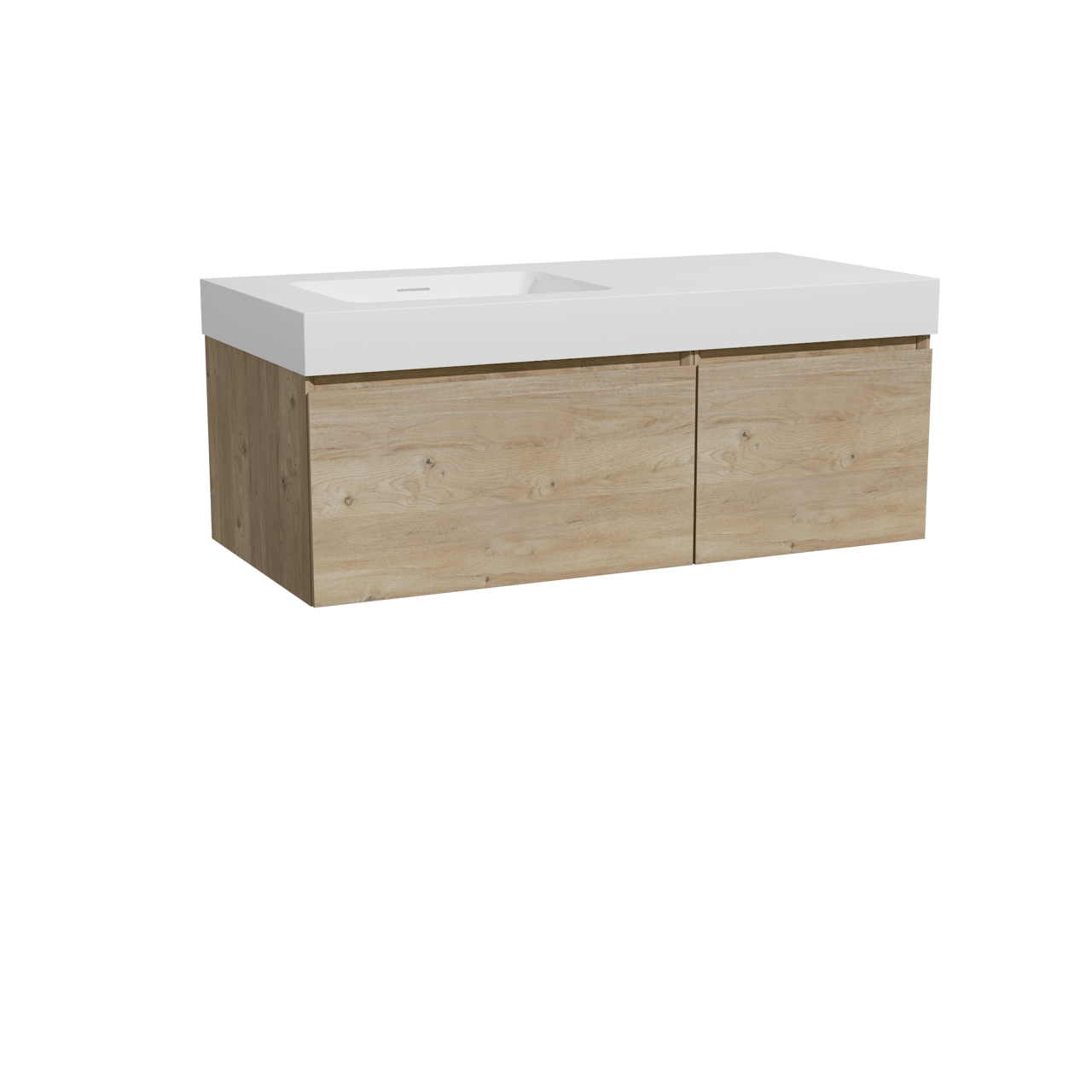 Storke Edge meuble salle de bains suspendu 110 x 52 cm chêne brut avec Mata High plan vasque asymétrique à gauche en solid surface blanc mat