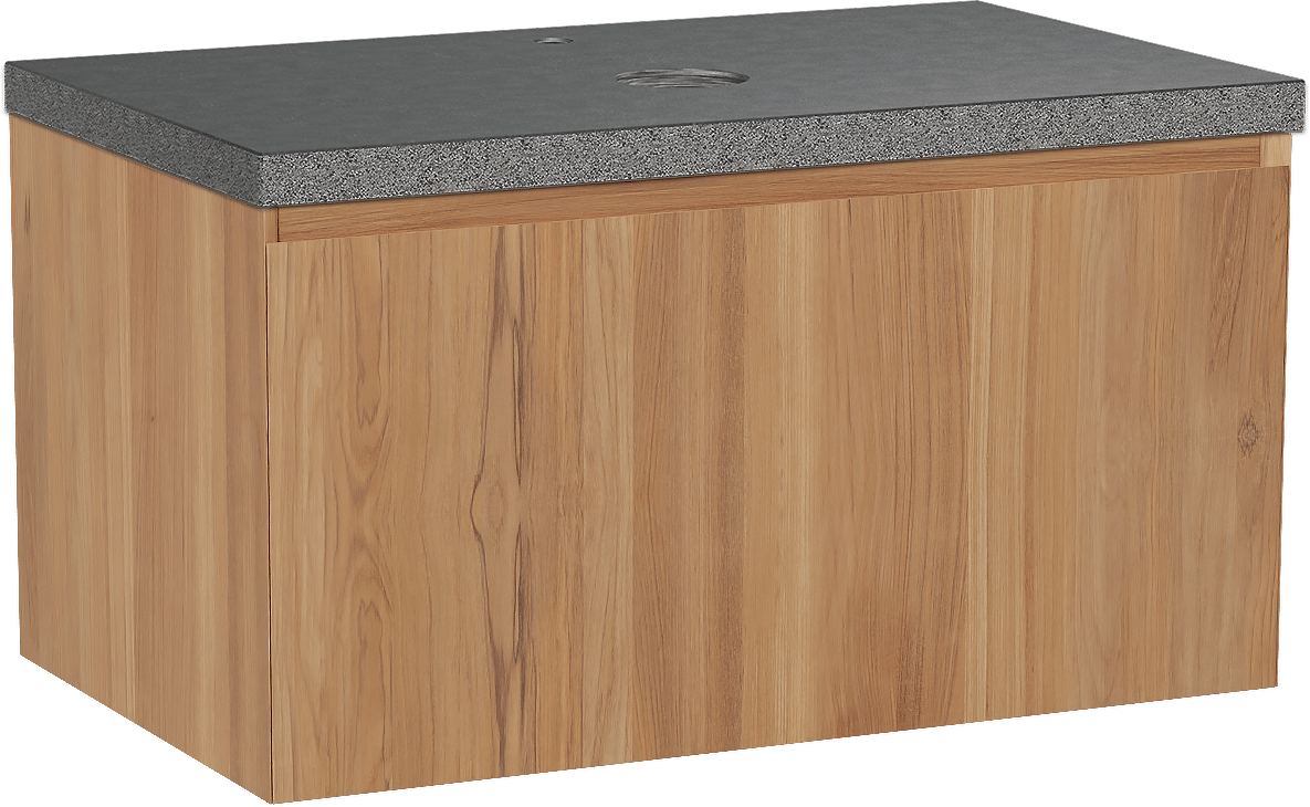 Balmani Idra by Mitra hängendes Möbelstück Set: 90 x 55 cm, Teak, mit Rock Einzel Waschtischplatte, Schwarzes Granit