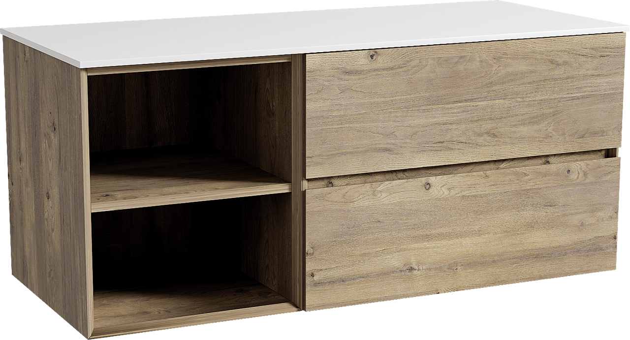 Storke Edge zwevend badmeubel 120 x 52 cm ruw eiken met Tavola enkel of dubbel wastafelblad in solid surface mat wit