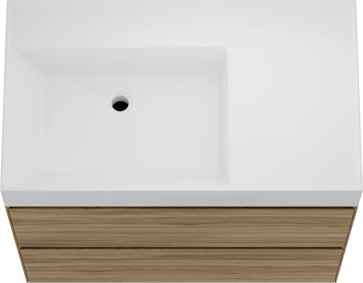 Balmani Mitra Compact meuble salle de bains suspendu 80 x 46 cm chêne sauvage avec Argila vasque asymétrique gauche en marbre composite blanc brillant