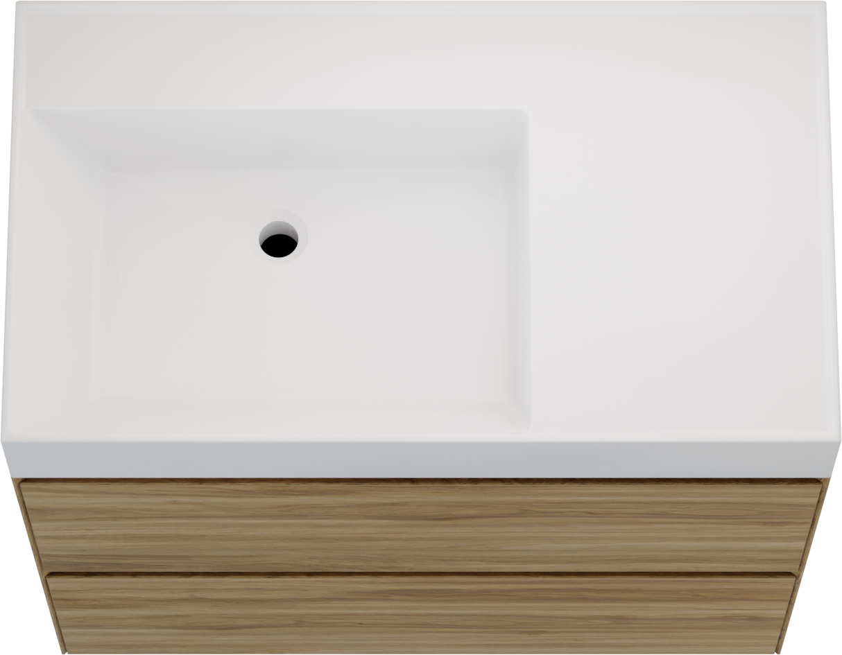 Balmani Mitra Compact hängendes Möbelstück Set: 80 x 46 cm, Wildeiche, mit Argila Waschtisch links Marmorkomposit Weiβ glänzend