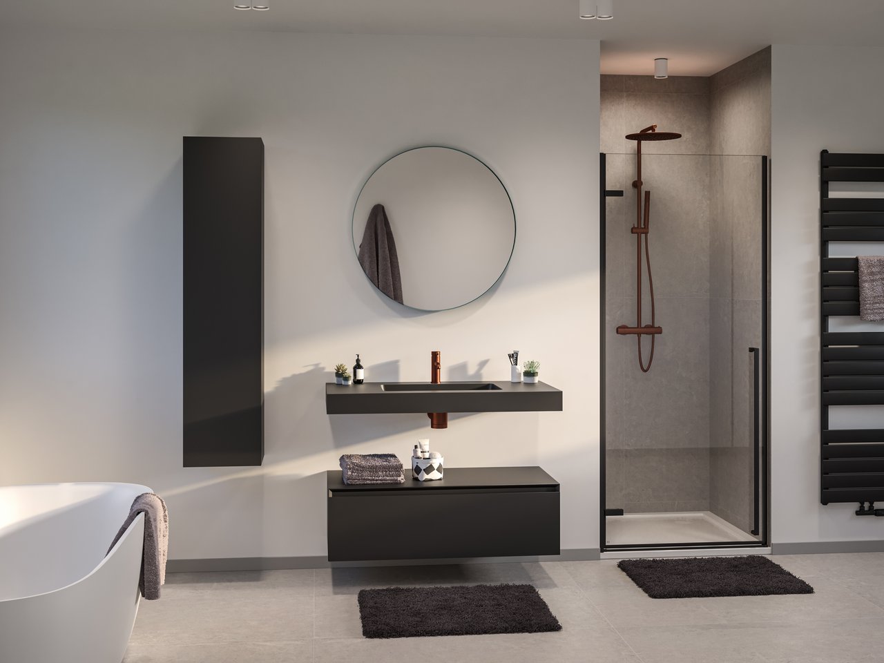 Storke Nero Badspiegel: Rund, Schwarz, Ø 80 cm