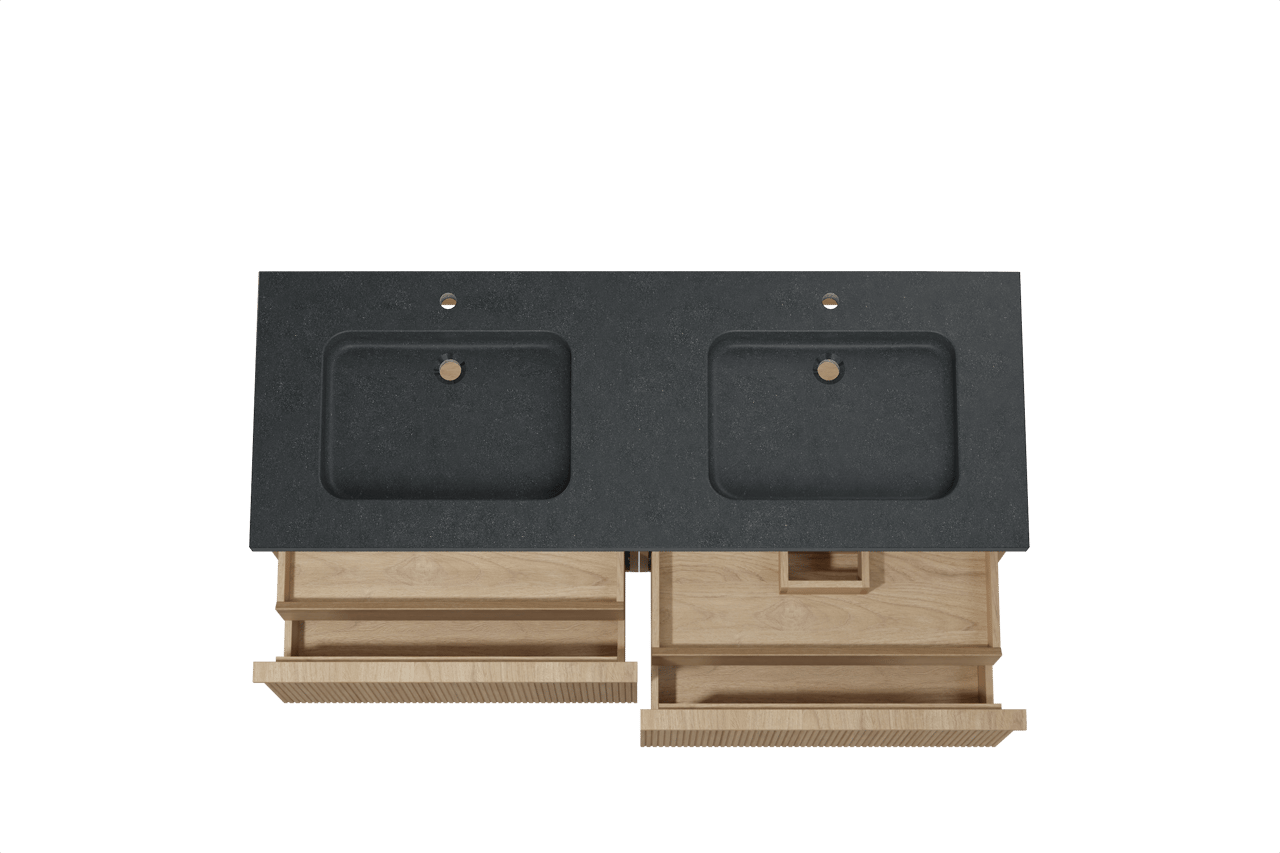 Balmani Forma hängendes Möbelstück Set: 150 x 55 cm, Naturbelassene Eiche, mit Napoli Doppelwaschtisch, Granit, Schwarzes Granit, Vertikale symmetrische gerade Rippe
