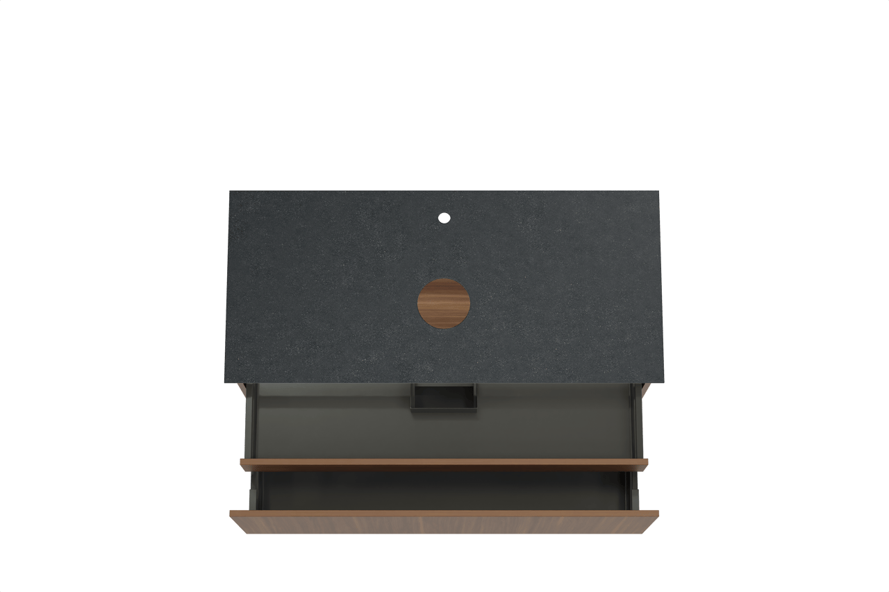 Balmani Sfera hängendes Möbelstück Set: 120 x 55 cm, Amerikanischer Nussbaum, mit Facetta Einzel Waschtischplatte, Schwarzes Granit
