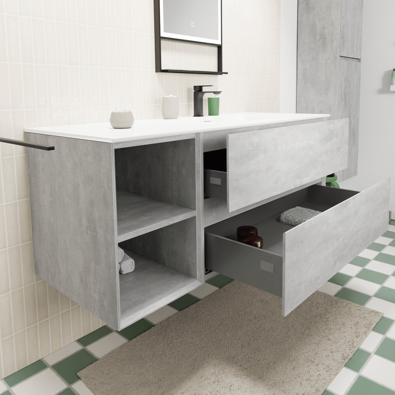 Storke Edge meuble salle de bains suspendu 130 x 52 cm béton gris foncé avec Mata plan vasque asymétrique à droite en solid surface blanc mat