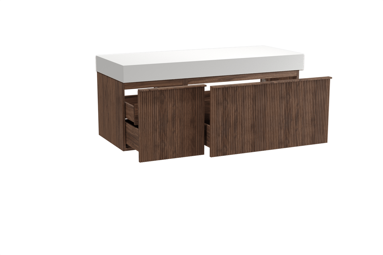 Balmani Forma hängendes Möbelstück Set: 135 x 55 cm, Amerikanischer Nussbaum, mit Dominus Einzel- oder Doppel Waschtischplatte, Solid Surface, Weiß matt, Vertikale symmetrische gerade Rippe