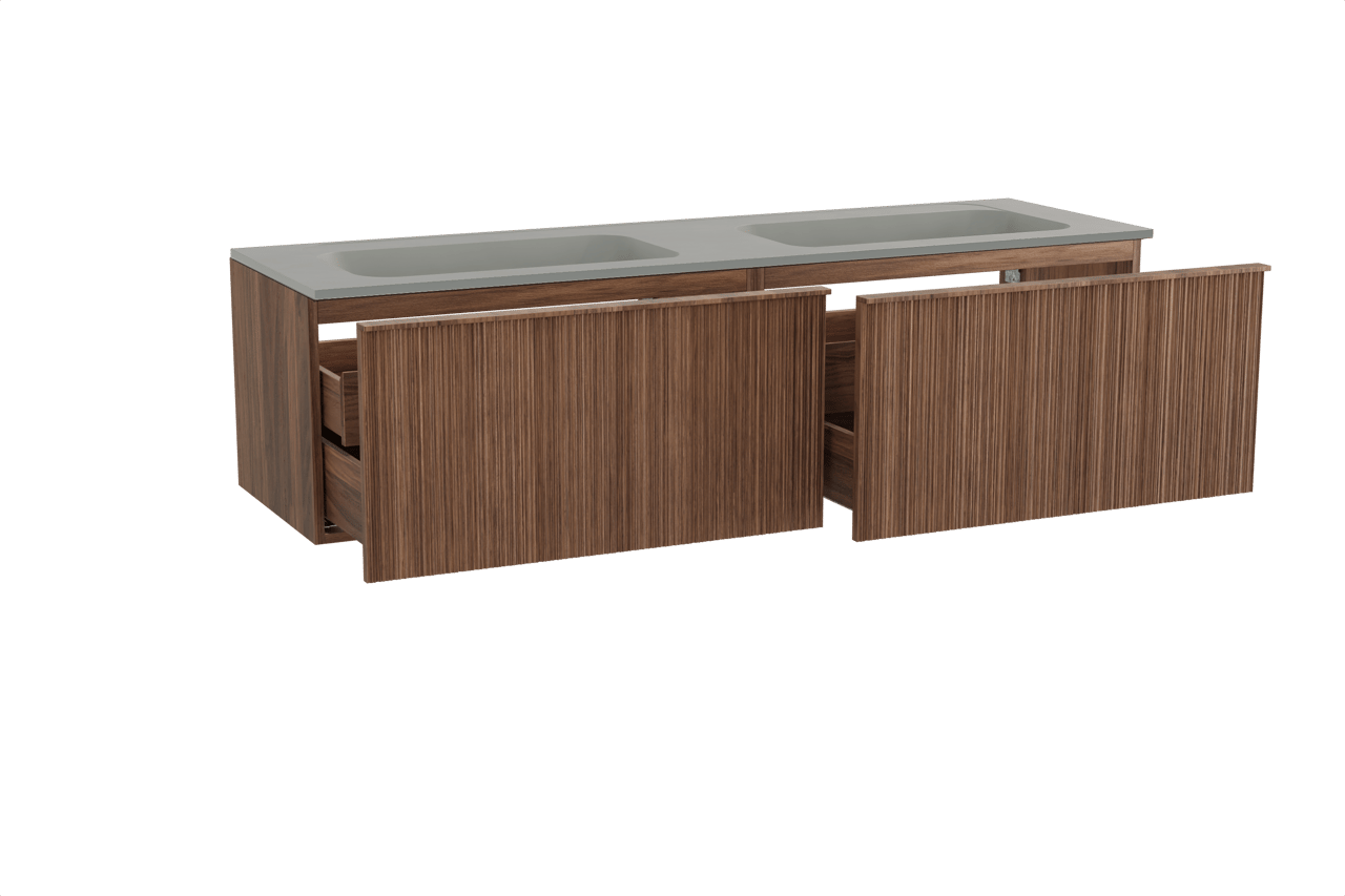 Balmani Forma zwevend badmeubel 180 x 55 cm amerikaans notenhout met Tablo Strada dubbele wastafel in composietmarmer zijdegrijs, Verticale asymmetrische ronde ribbel