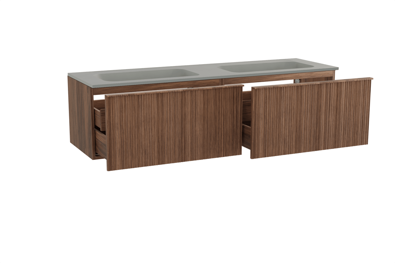 Balmani Forma hängendes Möbelstück Set: 180 x 55 cm, Amerikanischer Nussbaum, mit Tablo Strada Doppelwaschtisch, Marmorkomposit, Seidengrau, Vertikale asymmetrische Runde Rippe