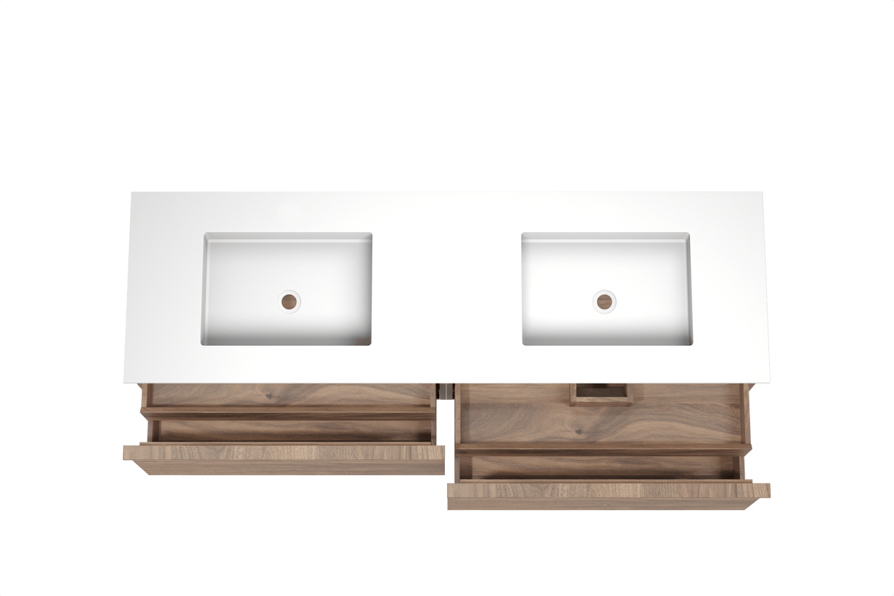 Balmani Forma meuble salle de bains suspendu 180 x 55 cm noyer américain avec Tablo Stretto double vasque en solid surface blanc mat, Nervure droite symétrique horizontale