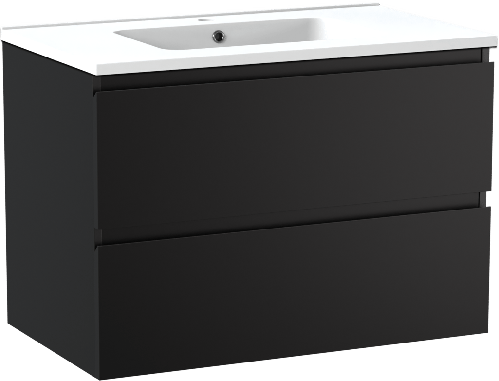 Linie Lado meuble salle de bains suspendu 80 x 46 cm noir mat avec Vano plan simple en marbre composite blanc mat